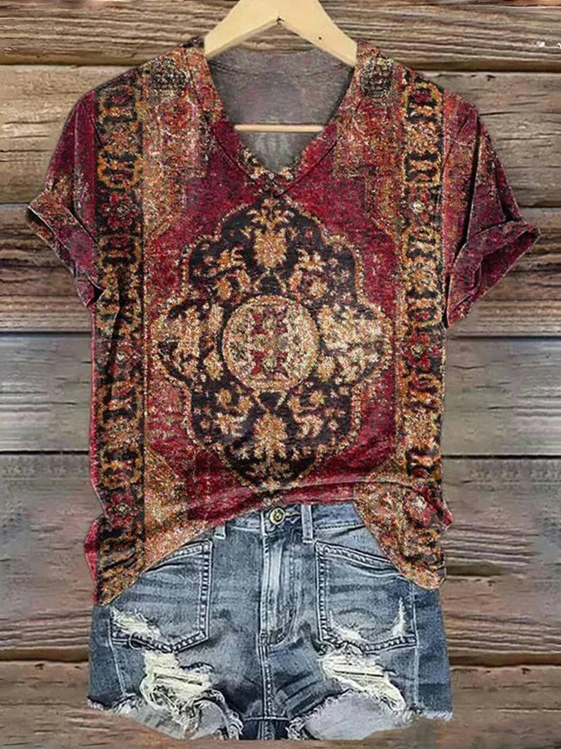 Vintage V-neck Ethnic Print Short Sleeve T-Shirt