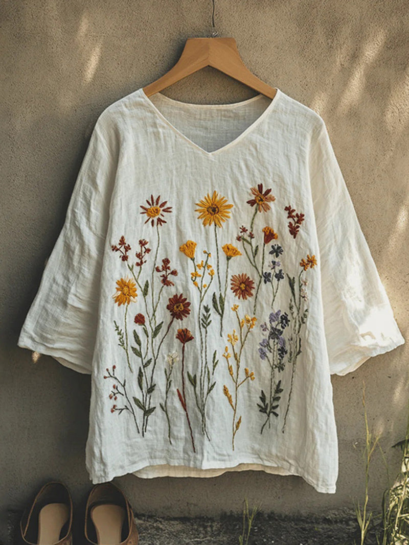 V-neck 3/4 Sleeve Romantic Floral Print White Top