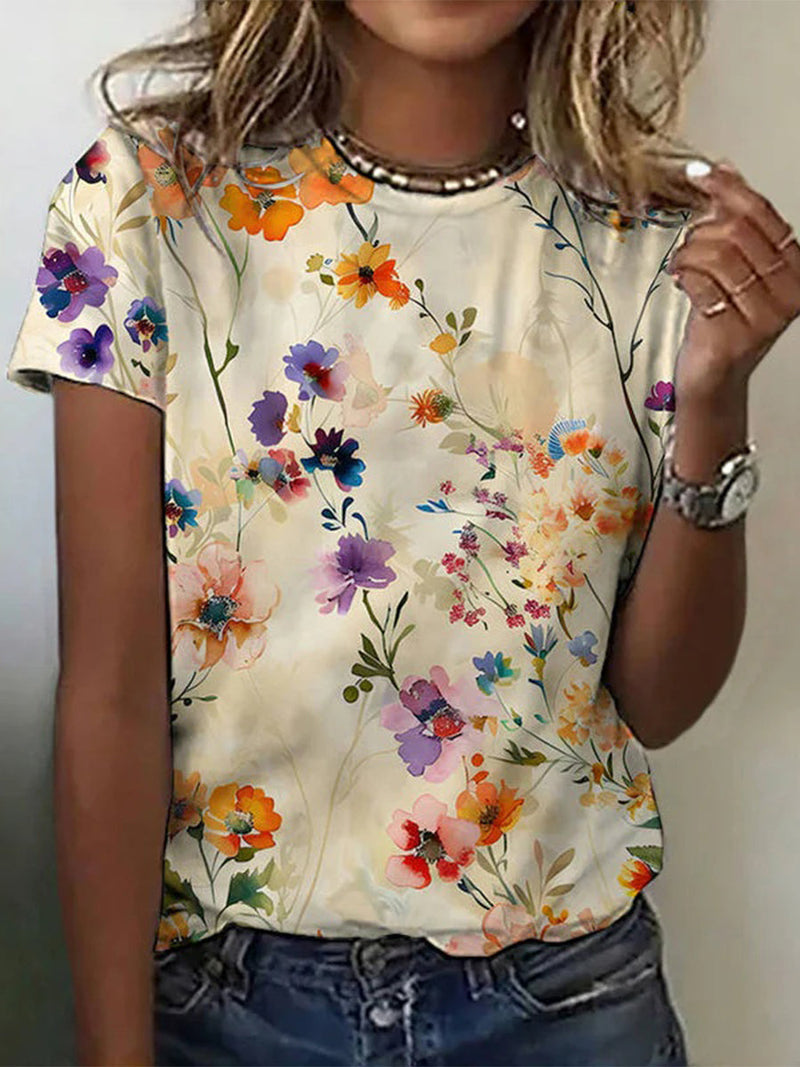 Vintage Round Neck Floral Print Short Sleeve T-Shirt