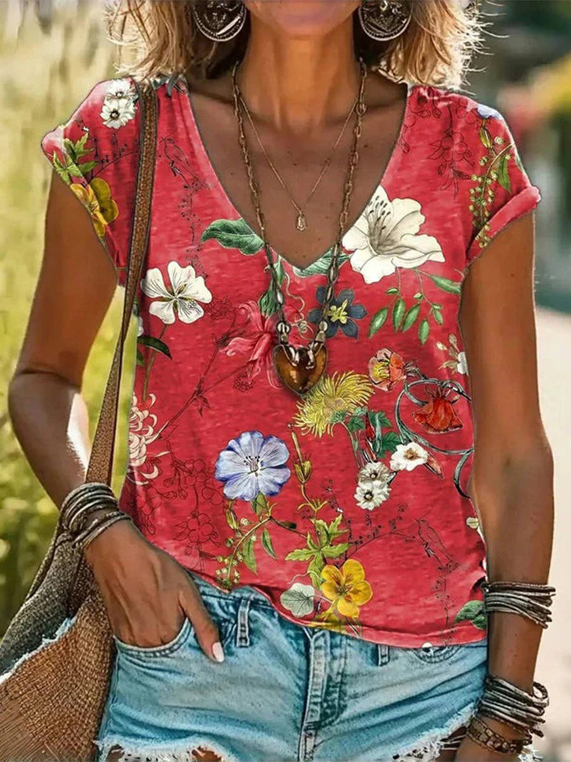Vintage V-neck Floral Print Short Sleeve T-Shirt