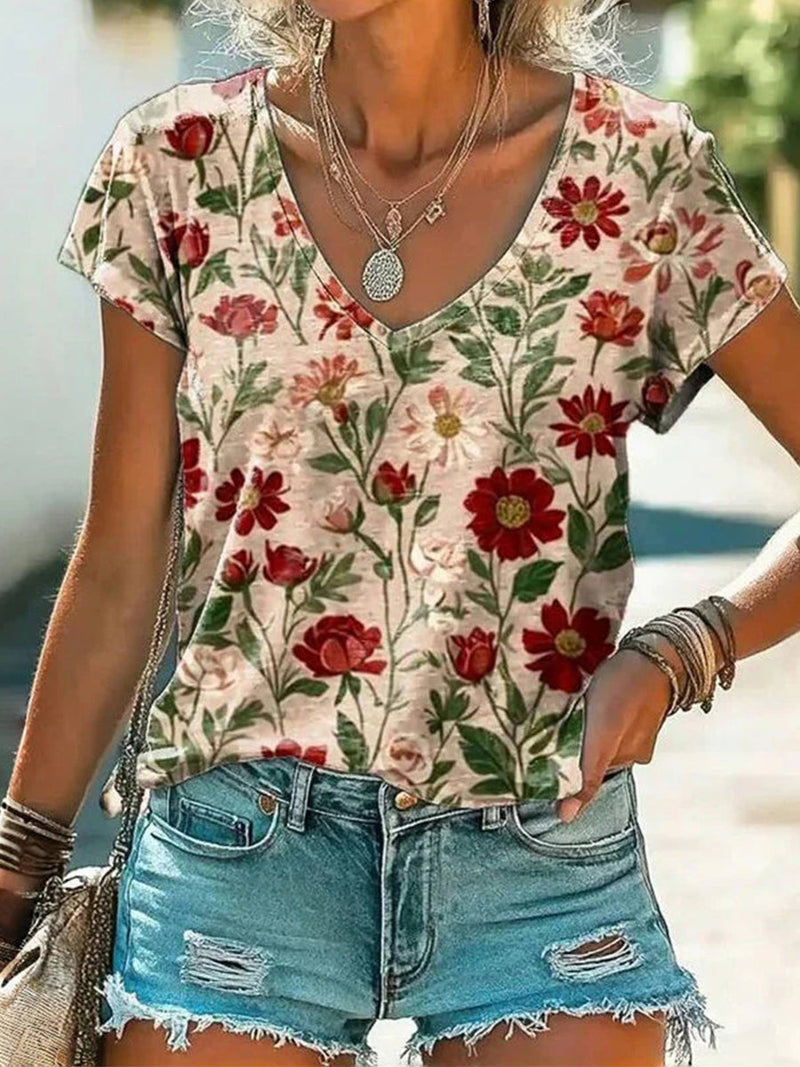Vintage V-neck Floral Print Short Sleeve T-Shirt