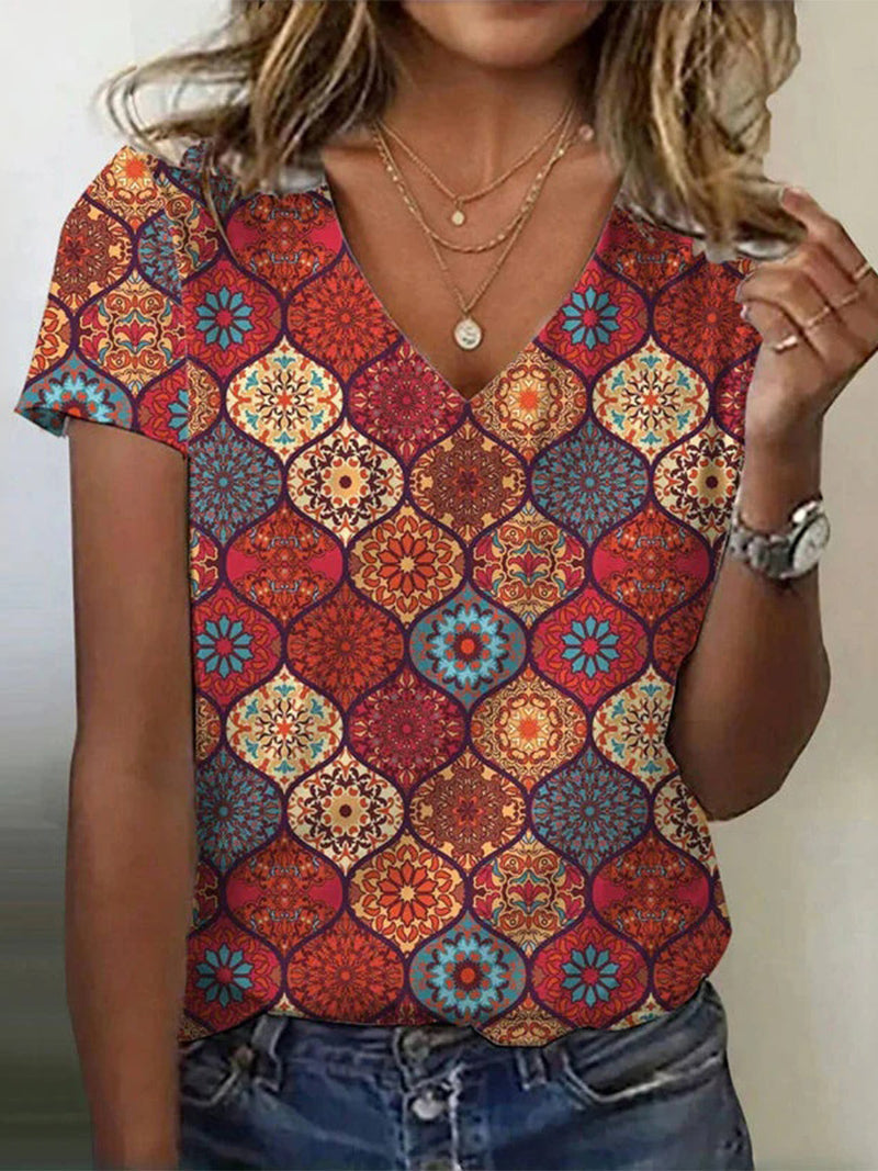 Vintage V-neck Ethnic Print Short Sleeve T-Shirt