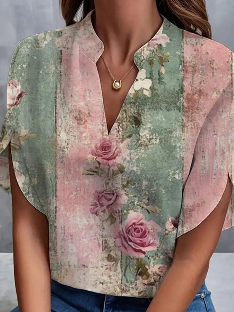 V-neck Pink Floral Print Short Sleeve Top