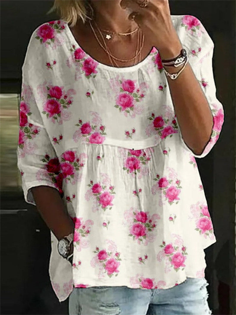 Vintage Crew Neck Floral Print Half Sleeve T-Shirt