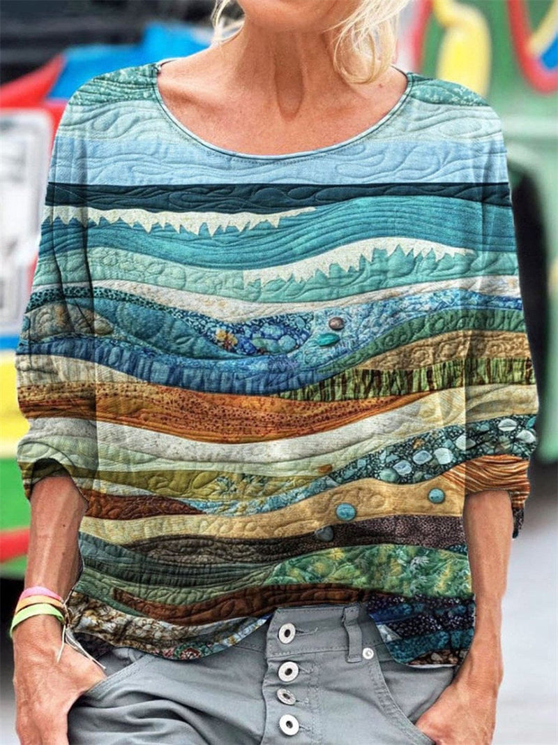 Round Neck Geometric Printed Long Sleeve Comfy T-shirt