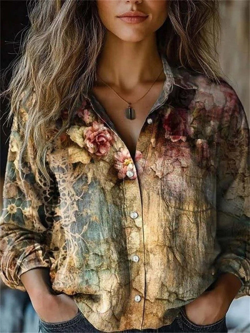 Lapel Long Sleeve Vintage Floral Printed Loose Shirt