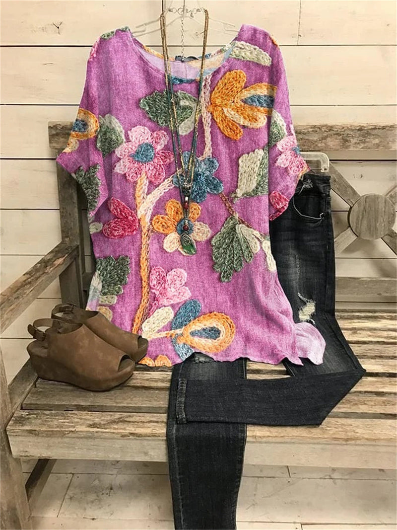 Round Neck Short Sleeve Floral Elegant T-Shirt