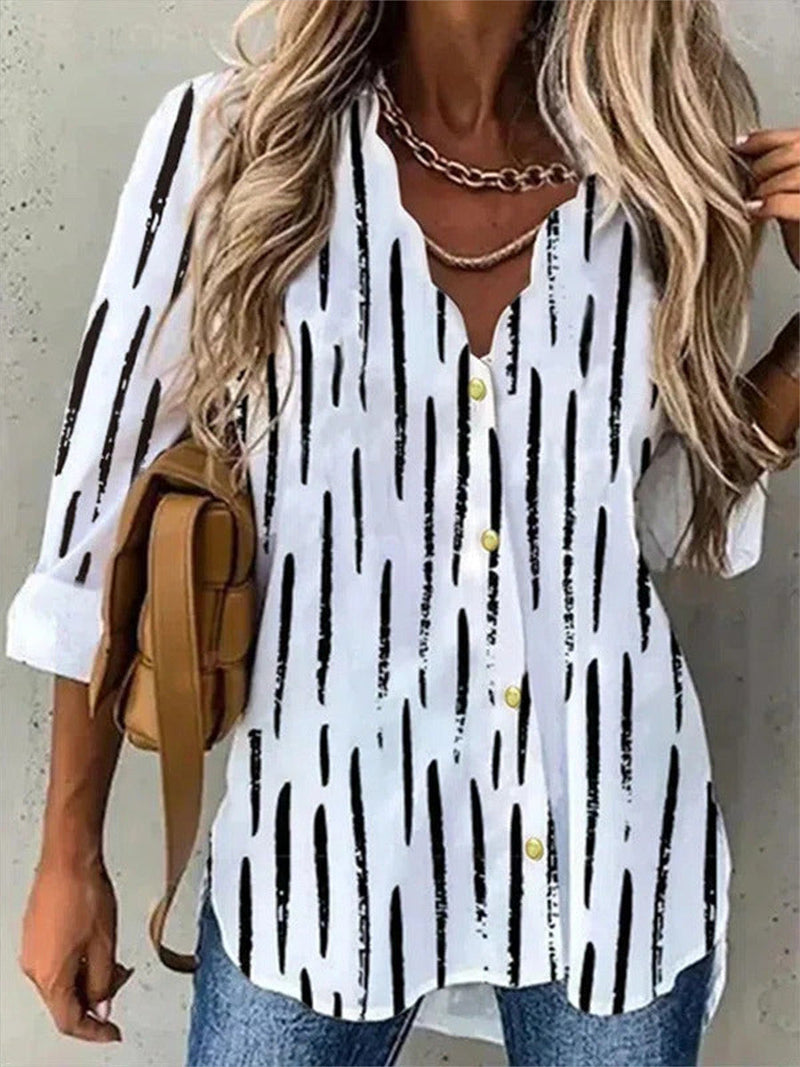 Casual V Neck Button Front Stripe Women's Long Sleeve Blouse