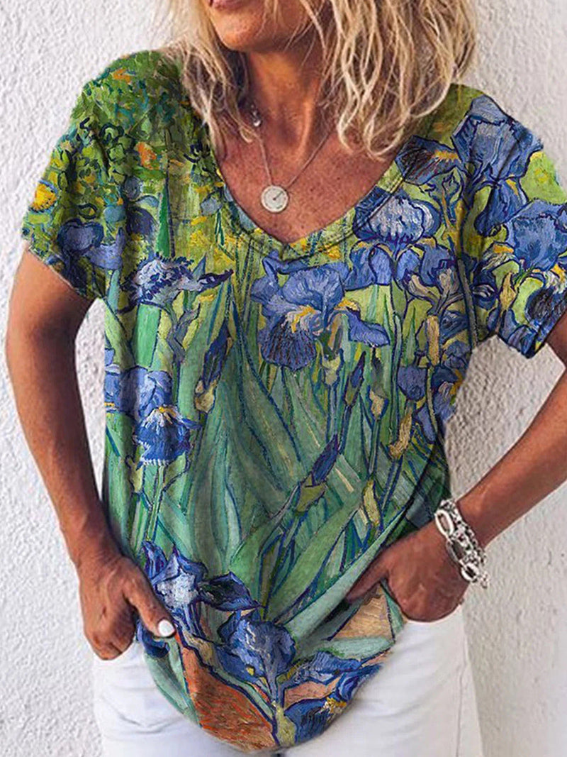 Round Neck Irises Print Short Sleeve T-shirt