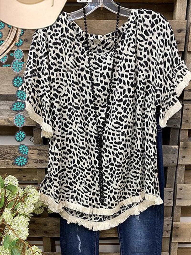 Tassel Round Neck Short Sleeve Leopard T-shirt