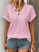 Loose V-Neck Short Sleeve Buttoned Solid Color T-Shirt