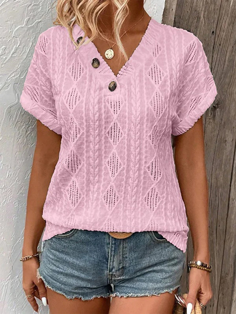 Loose V-Neck Short Sleeve Buttoned Solid Color T-Shirt