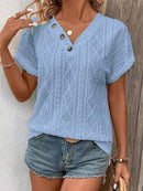 Loose V-Neck Short Sleeve Buttoned Solid Color T-Shirt