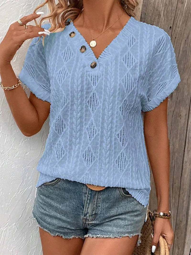 Loose V-Neck Short Sleeve Buttoned Solid Color T-Shirt