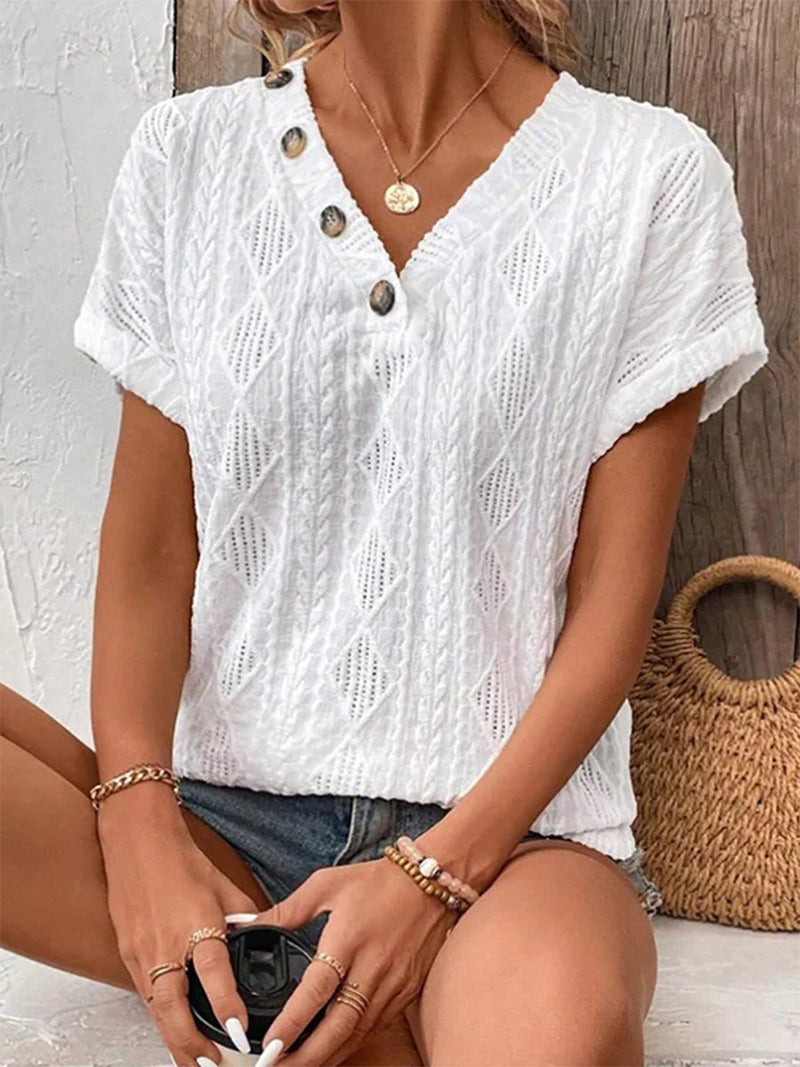Loose V-Neck Short Sleeve Buttoned Solid Color T-Shirt