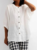 Lantern Sleeve Retro Loose Half Sleeve Solid Color Cotton Linen Shirt
