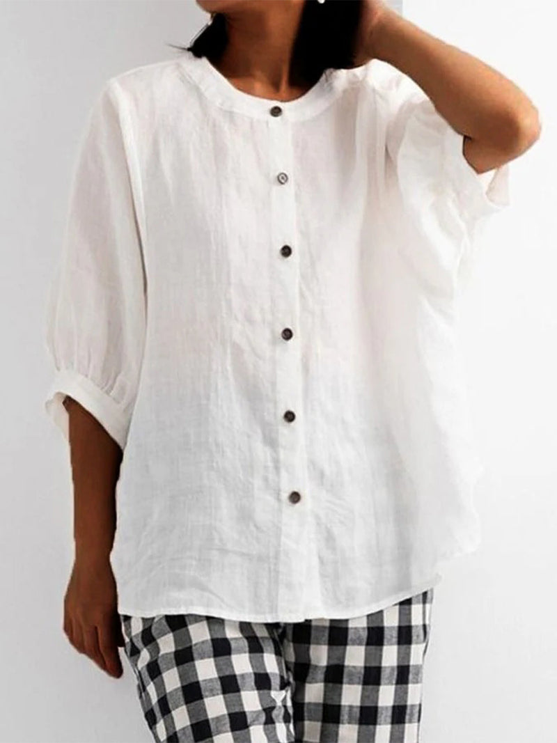 Lantern Sleeve Retro Loose Half Sleeve Solid Color Cotton Linen Shirt