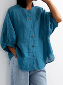 Lantern Sleeve Retro Loose Half Sleeve Solid Color Cotton Linen Shirt