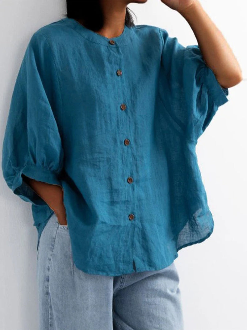 Lantern Sleeve Retro Loose Half Sleeve Solid Color Cotton Linen Shirt