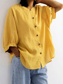 Lantern Sleeve Retro Loose Half Sleeve Solid Color Cotton Linen Shirt