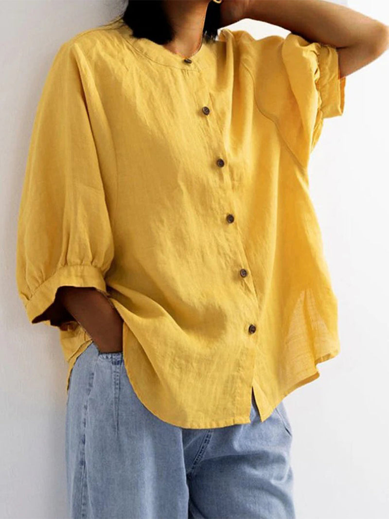 Lantern Sleeve Retro Loose Half Sleeve Solid Color Cotton Linen Shirt