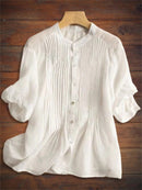 Women's Puff Sleeve Pleated Front Button Up Loose Fit Blouse