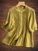 Women's Puff Sleeve Pleated Front Button Up Loose Fit Blouse