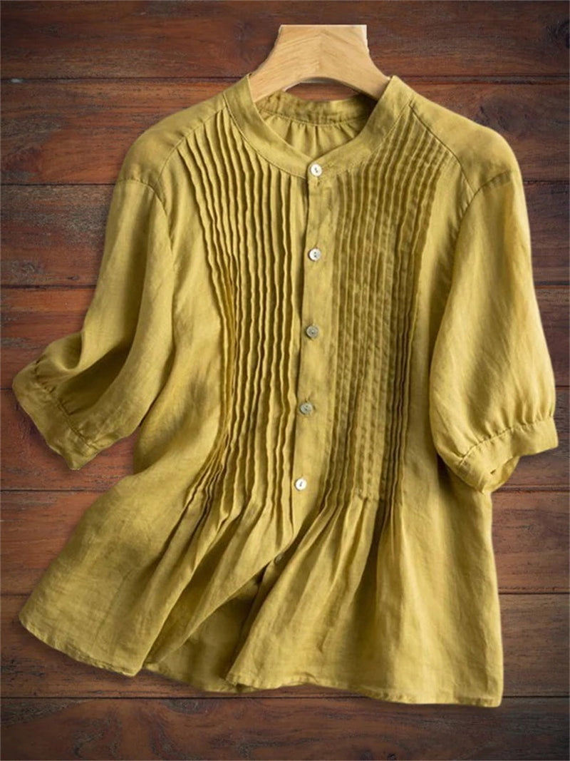 Women's Puff Sleeve Pleated Front Button Up Loose Fit Blouse