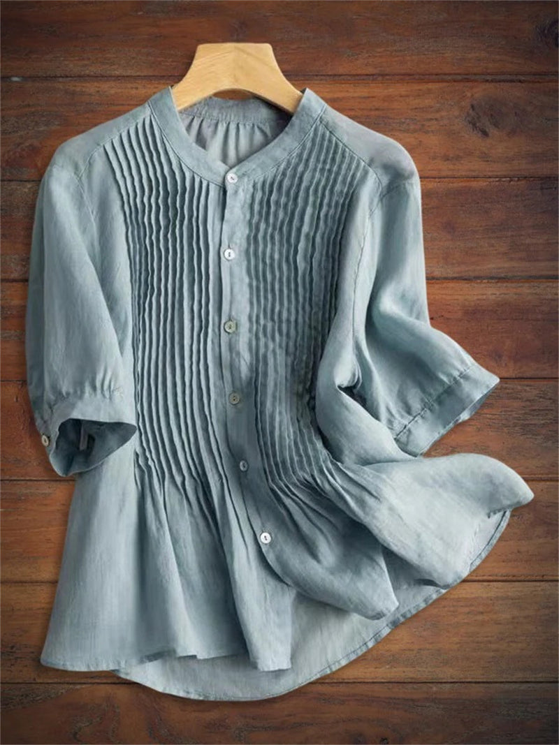 Women's Puff Sleeve Pleated Front Button Up Loose Fit Blouse