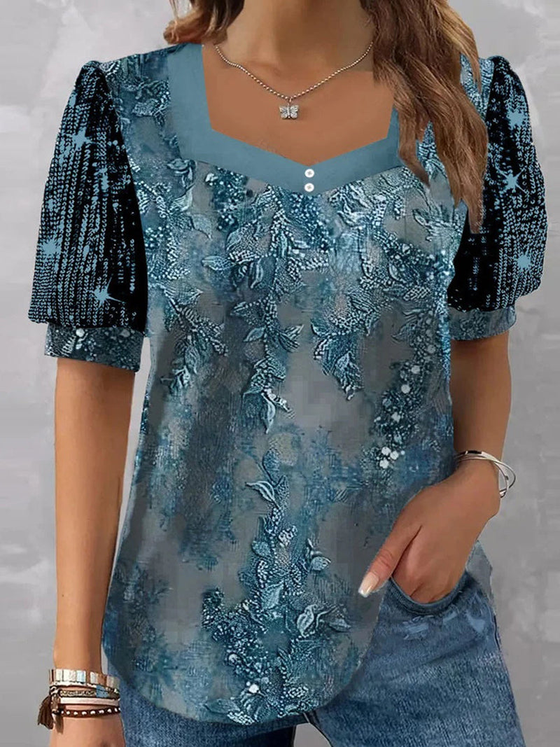 Women's V-neck Short Sleeve Floral Printed Sequins Print Stitching Top
