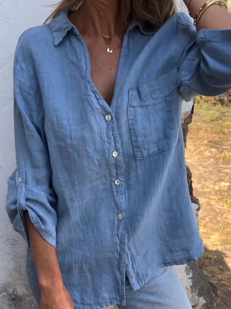 3/4 Sleeve Cotton and Linen Solid Lapel Shirt