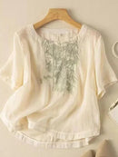 Short Sleeve Art Retro Embroidery Patchwork Shirt