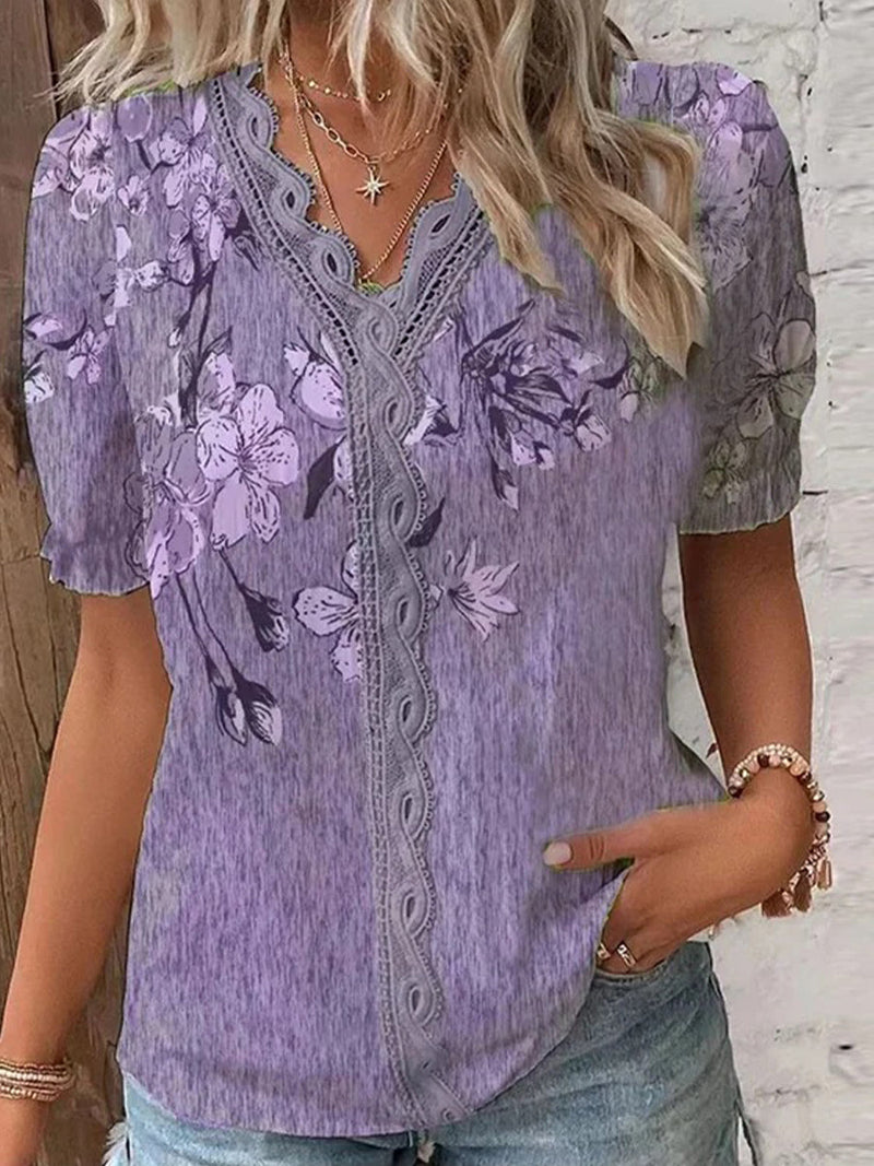 Casual V-neck Lace Stitching Short-sleeved T-shirt
