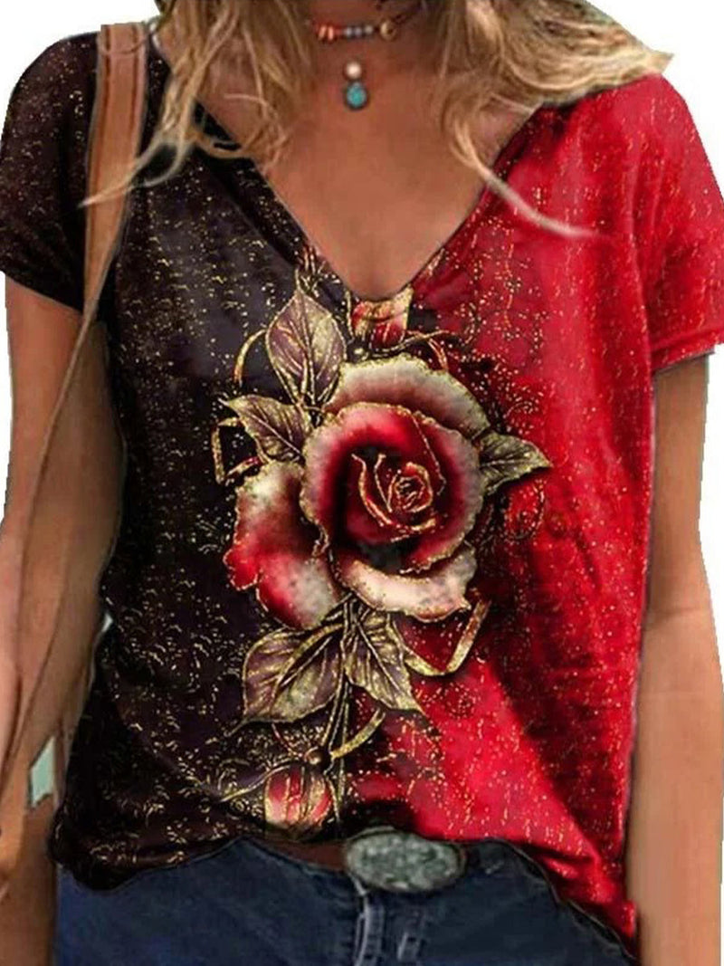 Women's V-neck Short Sleeve Color Block Rose Print Casual T-shirt