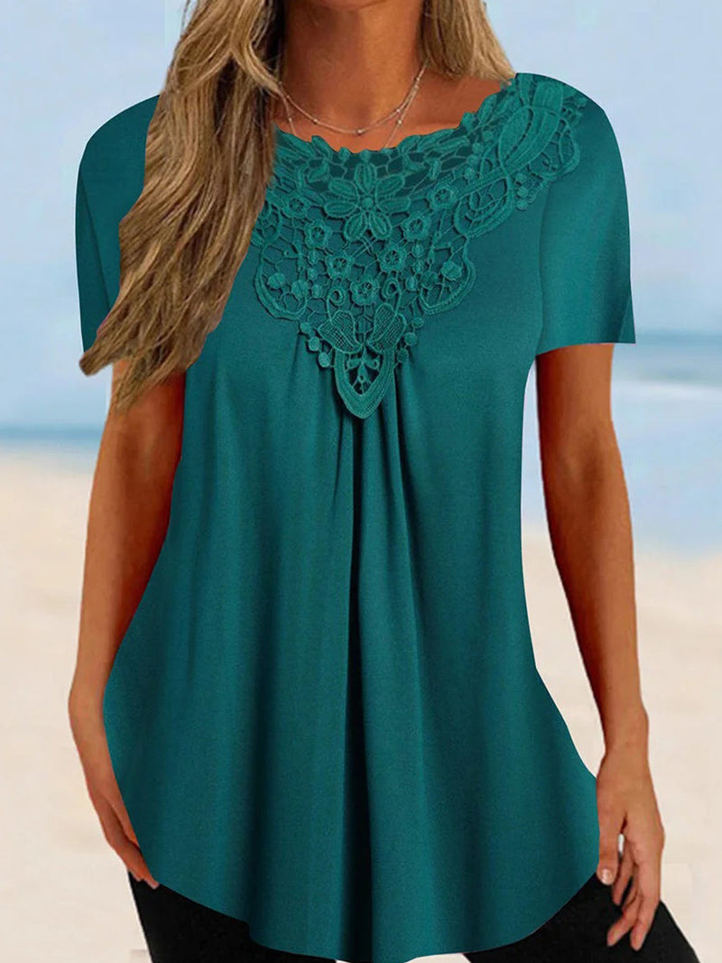 Women's Solid Color Lace Neck Short Sleeve Loose Fit Tunic Top