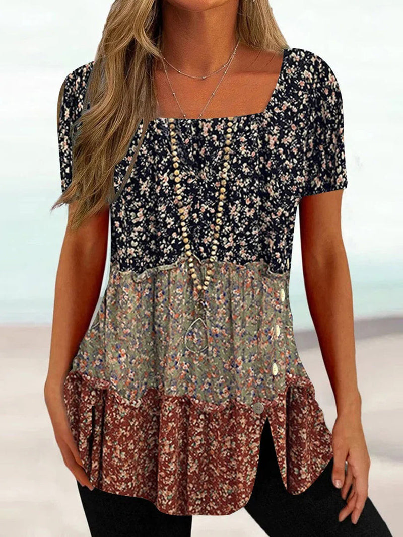 Women's Color Block Floral Print Square Neck Short Sleeve Tunic Top