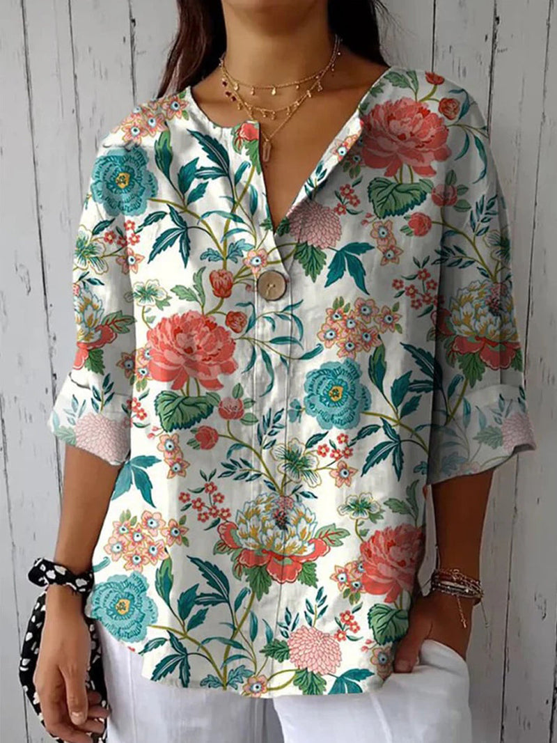 Tranquil Vintage Floral Pattern Printed Women's Casual Cotton Linen Shirt