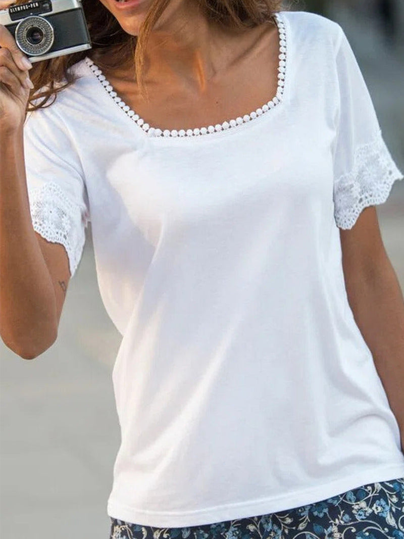 Square Neck Lace Trim Solid Basic Tee