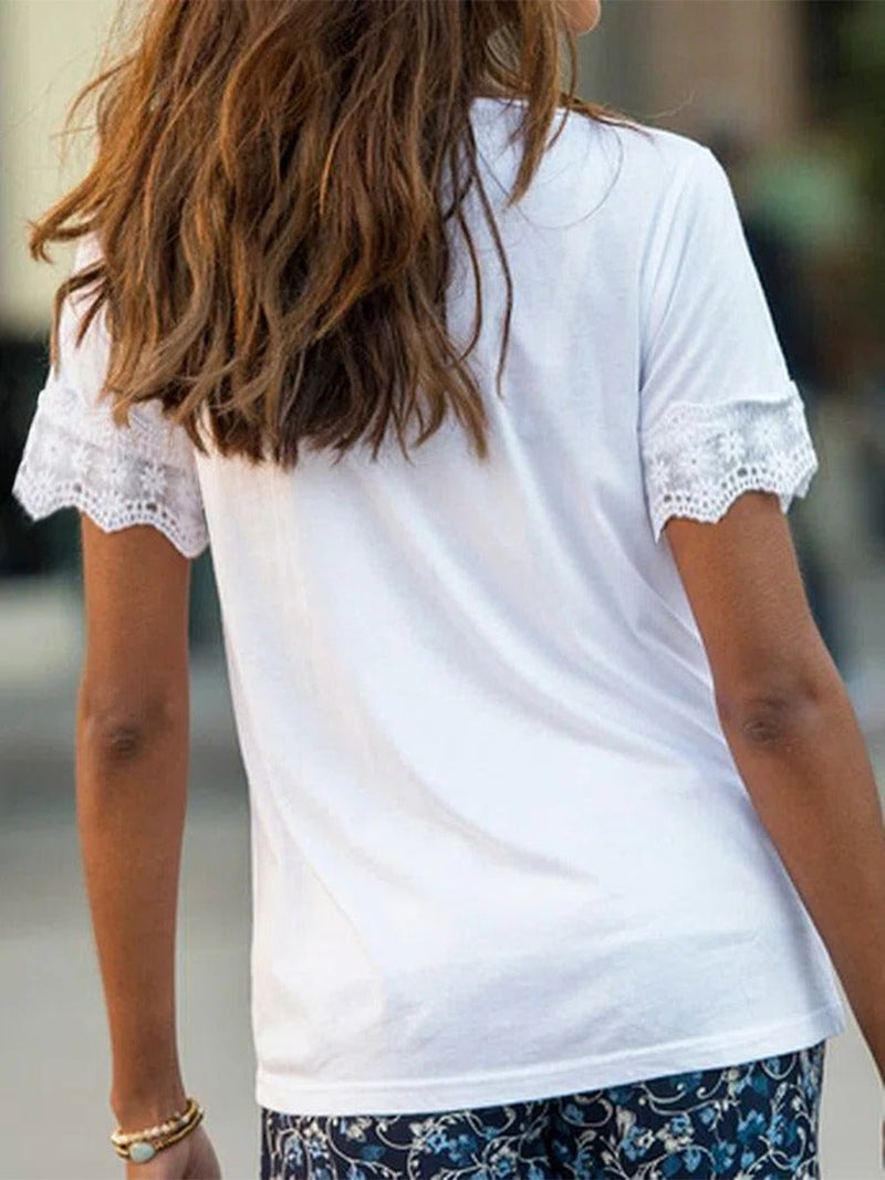 Square Neck Lace Trim Solid Basic Tee