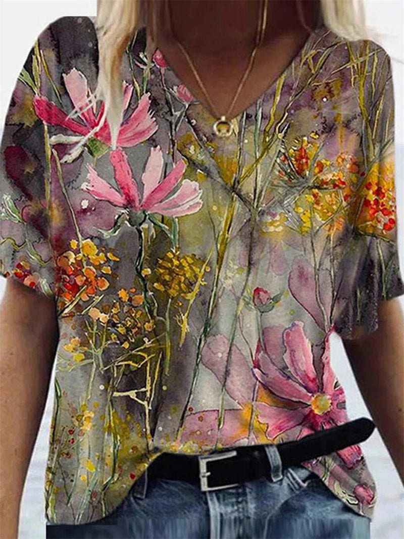 Casual Floral Print V-Neck Short Sleeve T-Shirt