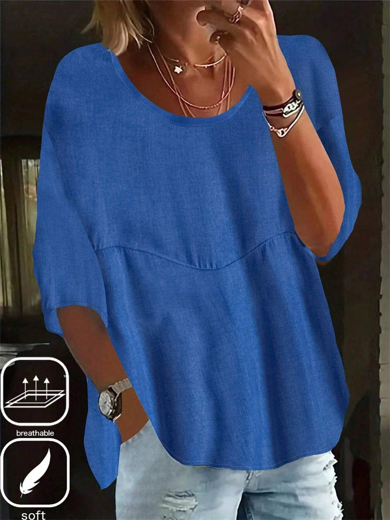 Solid Blue Crew Neck Half Sleeve Loose Fit Casual Blouse