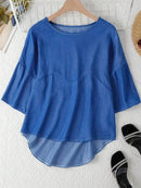 Solid Blue Crew Neck Half Sleeve Loose Fit Casual Blouse