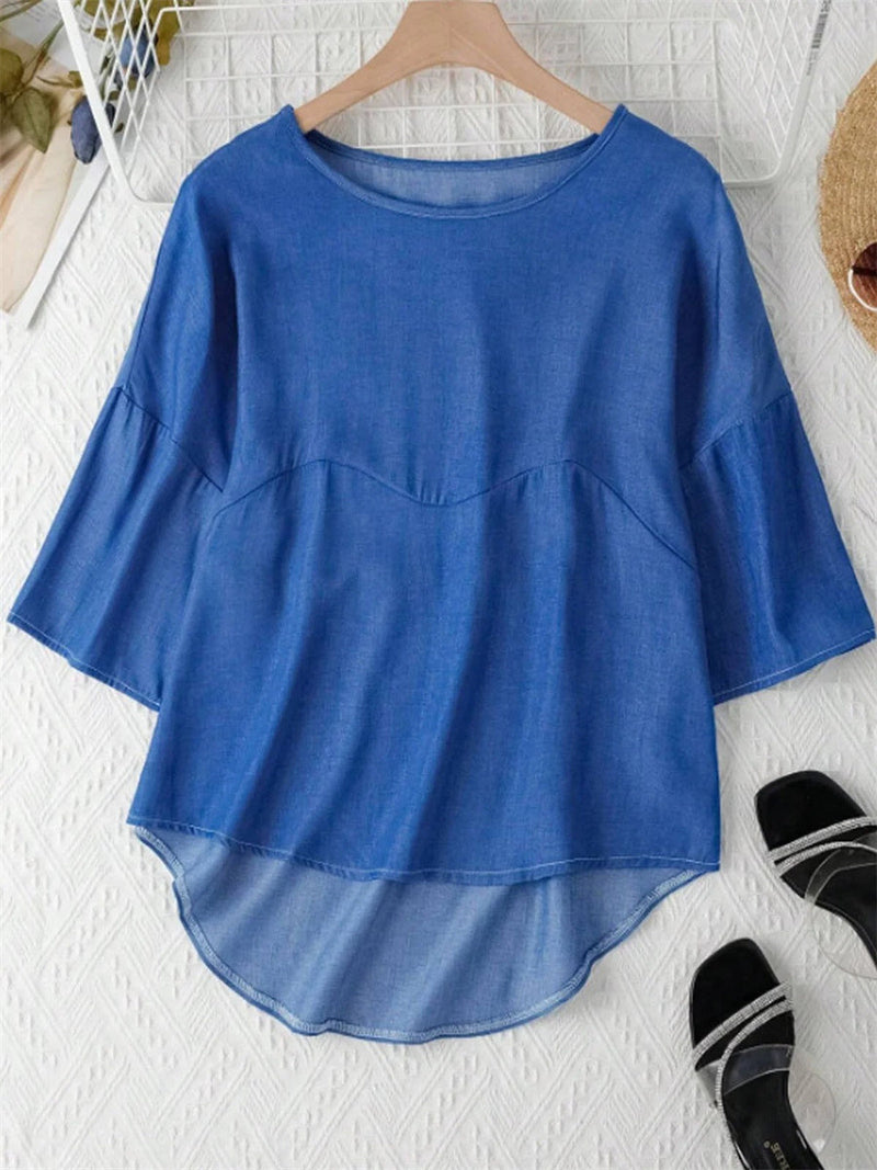 Solid Blue Crew Neck Half Sleeve Loose Fit Casual Blouse