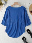 Solid Blue Crew Neck Half Sleeve Loose Fit Casual Blouse