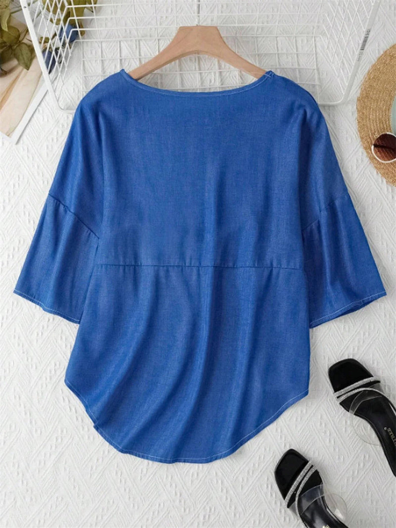 Solid Blue Crew Neck Half Sleeve Loose Fit Casual Blouse