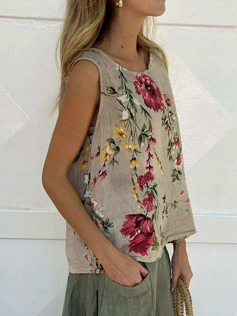 Round Neck Floral Print Sleeveless Comfy Tank Top