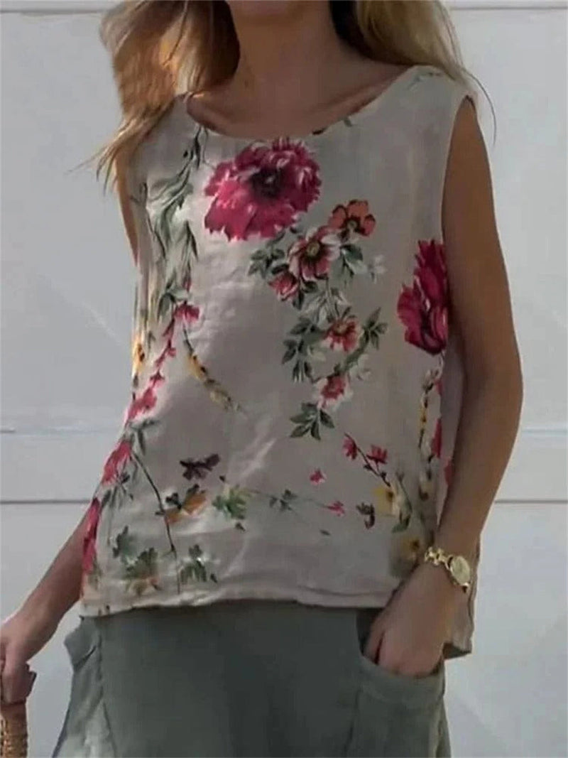 Round Neck Floral Print Sleeveless Comfy Tank Top