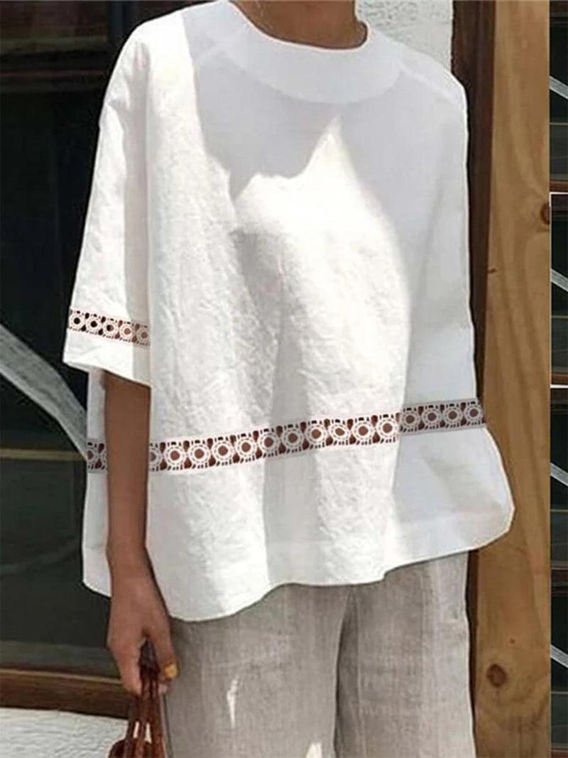 Women's Cotton Linen Blend Lace Accent Top