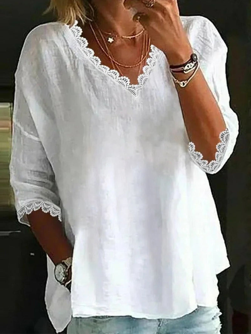 3/4 Sleeve White Lace V-Neck Casual Blouse