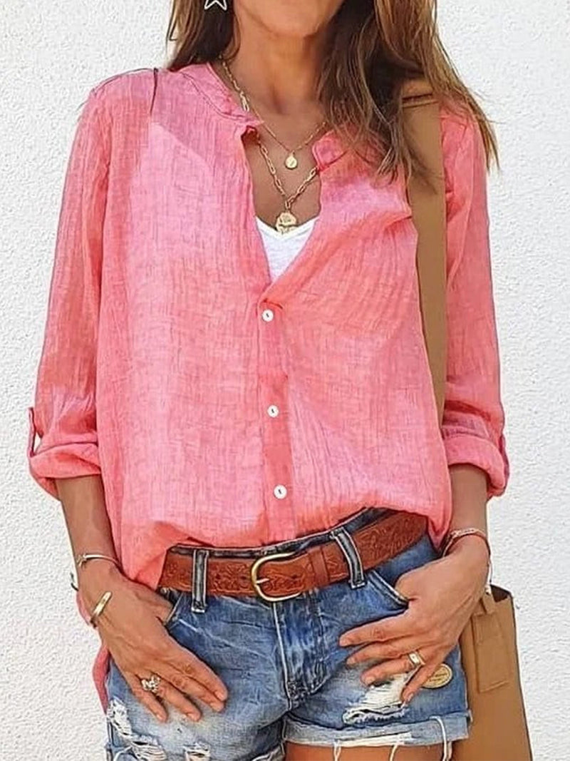 Solid V-Neck Long Sleeve Cotton Shift Shirt